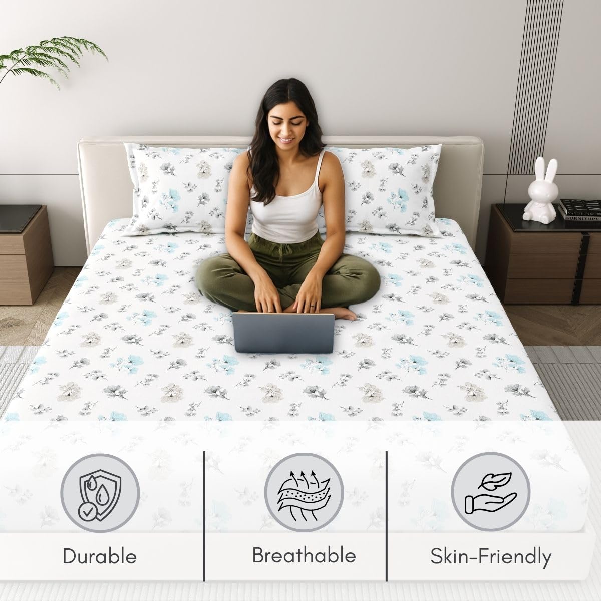 Spring Glory 186 TC Pure Cotton King Size Bedsheet With 2 Pillow Cover | Linen White - Image 3